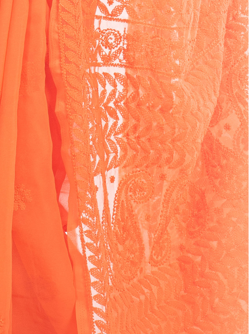 Seva Chikan Hand Embroidered Orange Georgette Lucknowi Saree-SCL1186