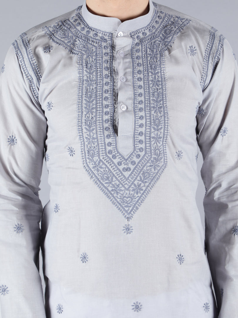 Seva Chikan Hand Embroidered Cotton Lucknowi Chikan Mens Stitched Kurta