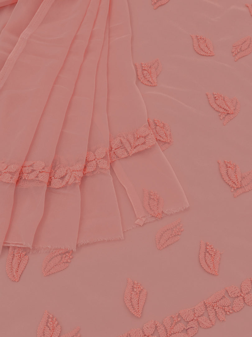 Seva Chikan Hand Embroidered Peach Georgette Lucknowi Chikankari Unstitched Suit Piece-SEV15034