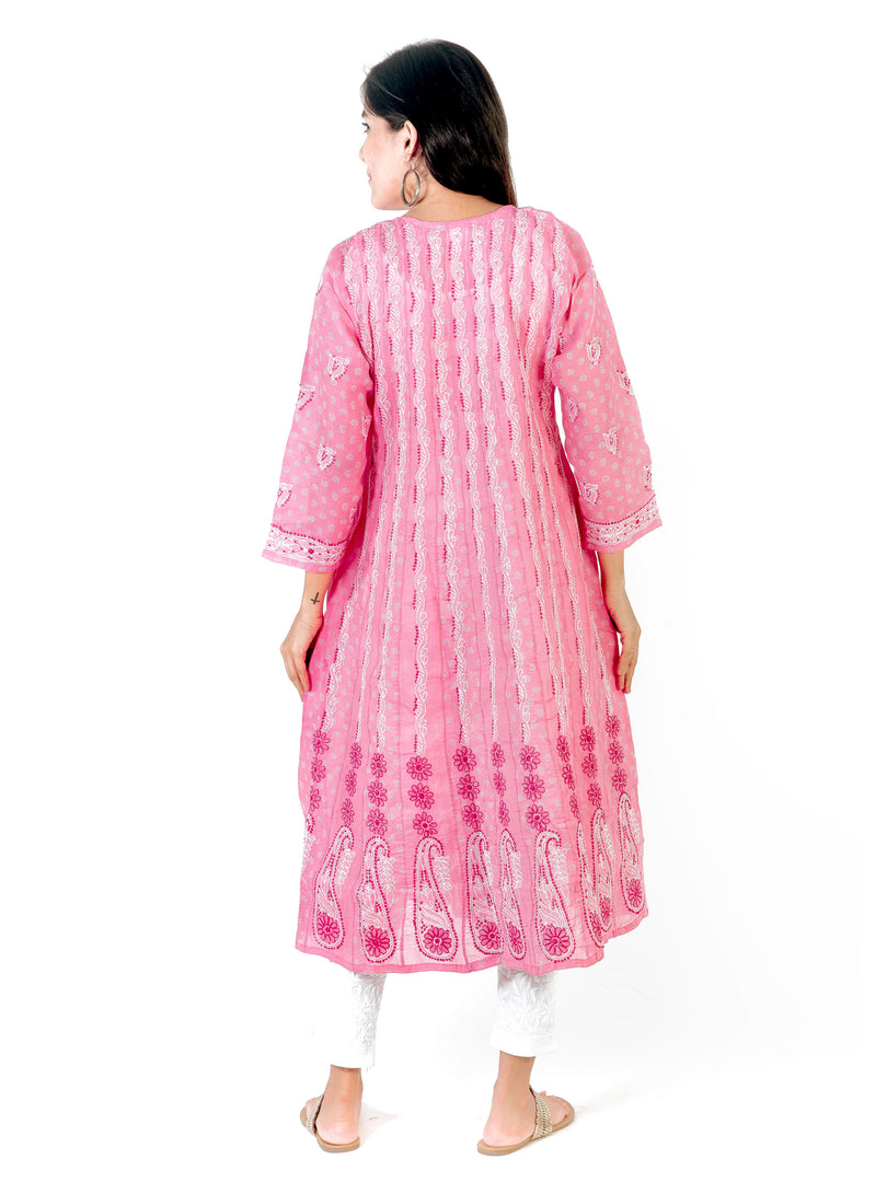 Seva Chikan Hand Embroidered Pink Cotton Lucknowi Chikankari Anarkali-SCL1239