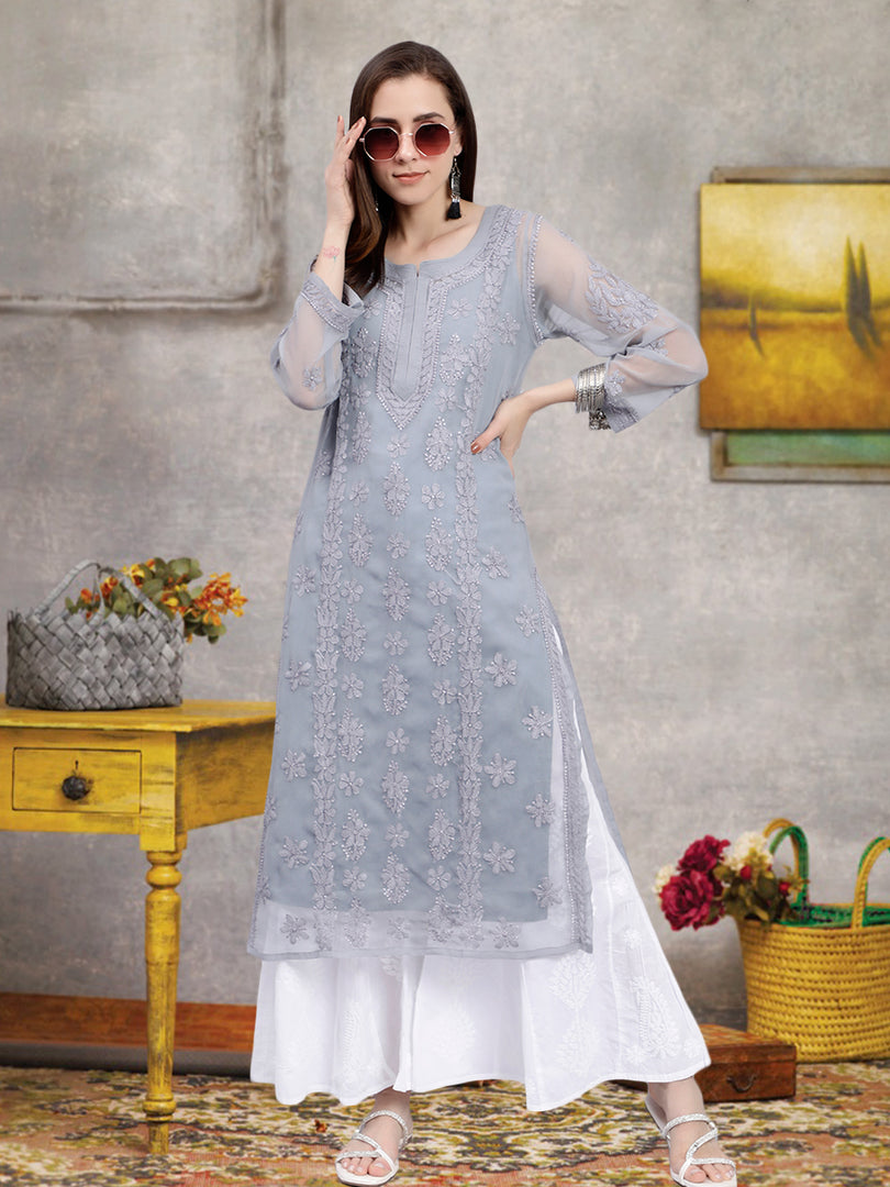 Seva Chikan Hand Embroidered Georgette Lucknowi Chikankari Kurta With Slip