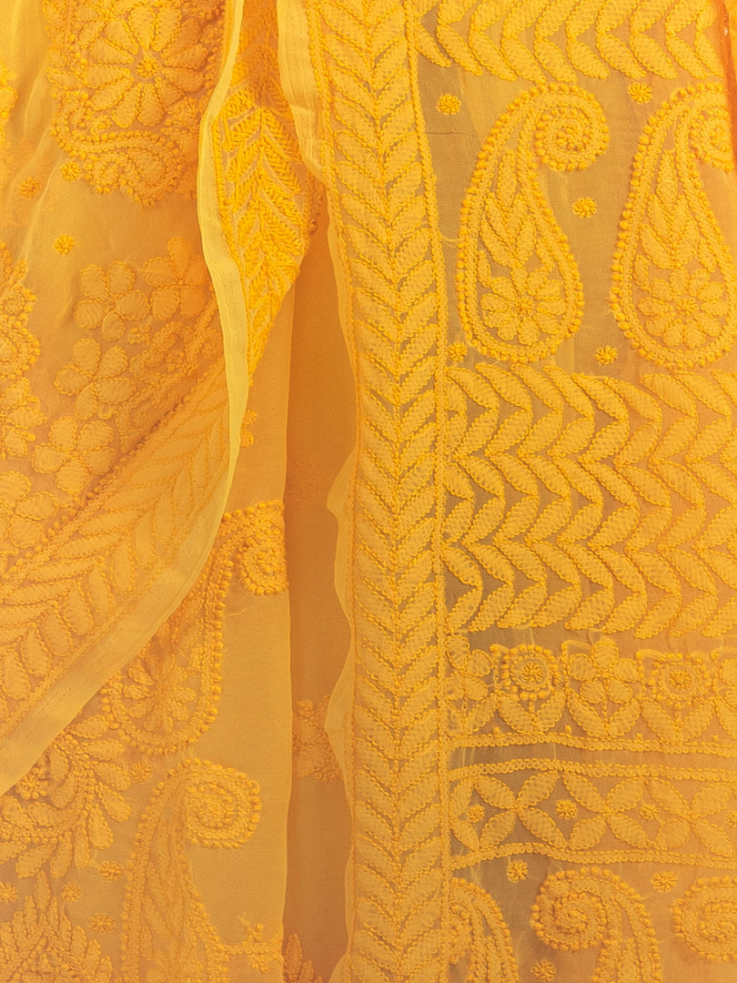 Seva Chikan Hand Embroidered Yellow Georgette Lucknowi Saree-SCL1188