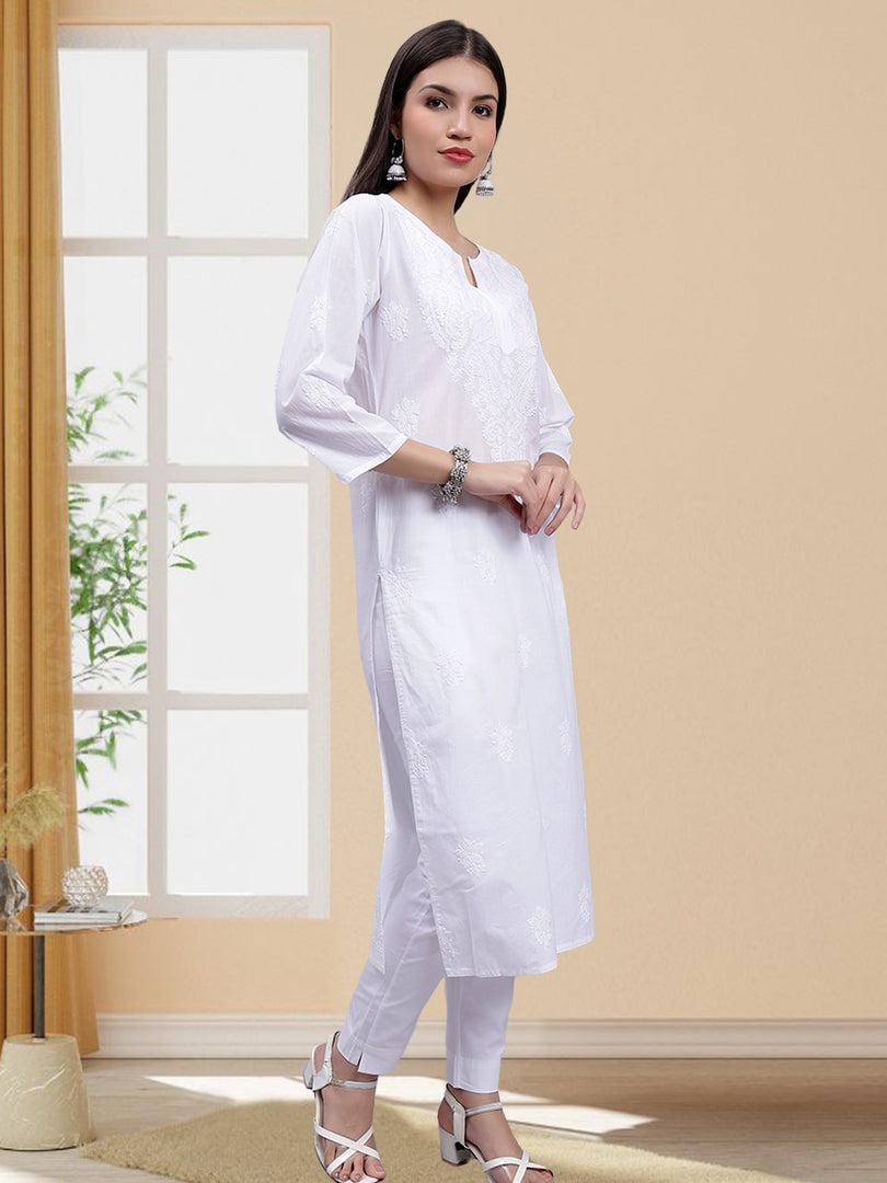 Seva Chikan Hand Embroidered Cotton White Lucknowi Chikankari Kurta-SCL4371