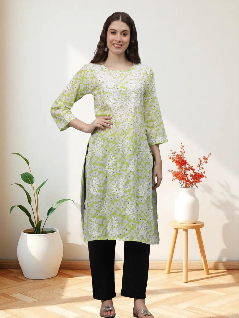 Seva Chikan Hand Embroidered Pista Green Mal-Mal Lucknowi Chikankari Kurta-SCL4583