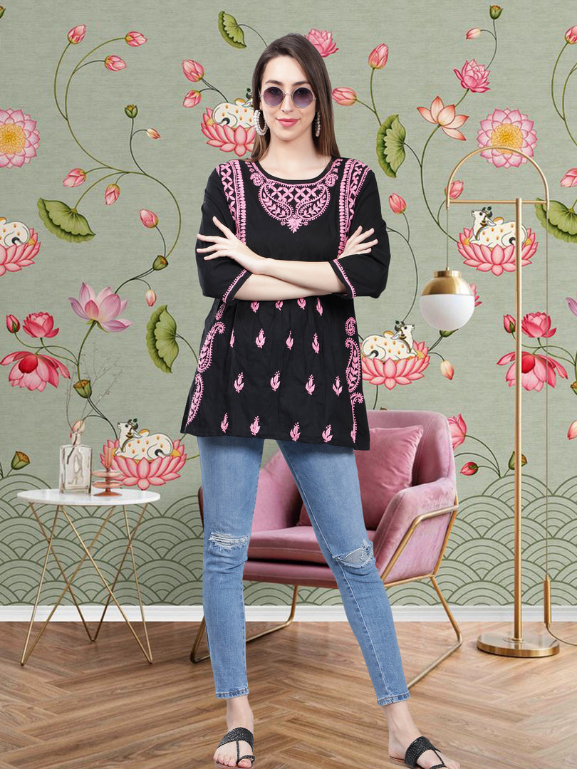 Seva Chikan Hand Embroidered  Black Cotton Lucknowi Chikankari Top