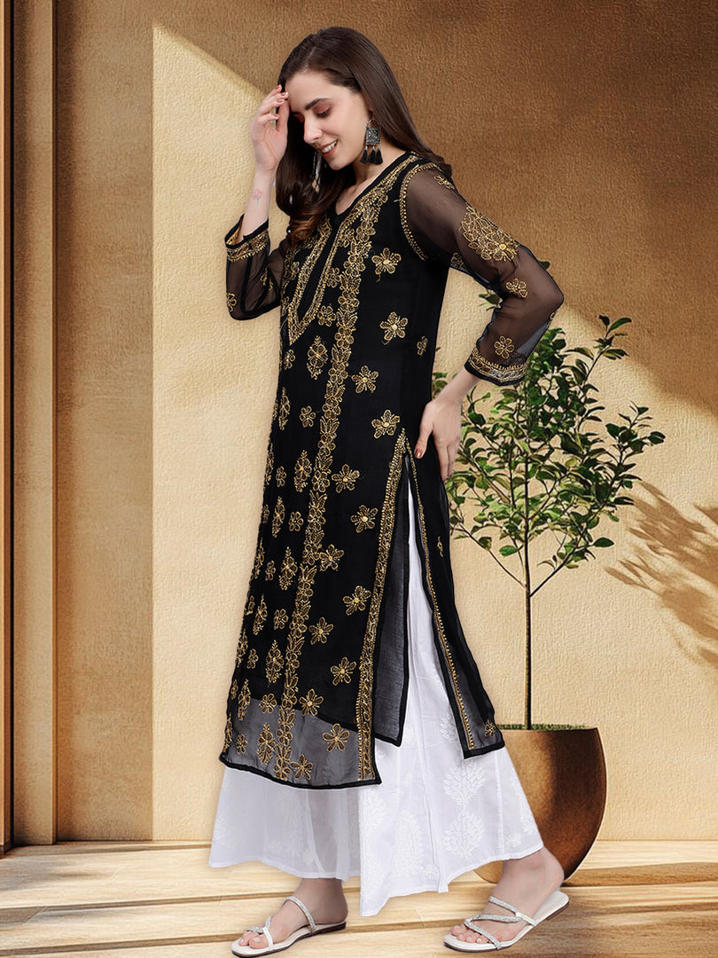 Seva Chikan Hand Embroidered Georgette Lucknowi Chikankari Kurta With Slip
