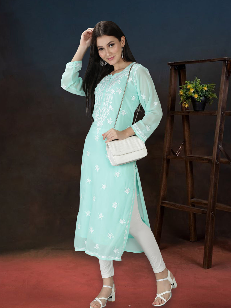 Seva Chikan Hand Embroidered Georgette Chikankari Kurta With Slip