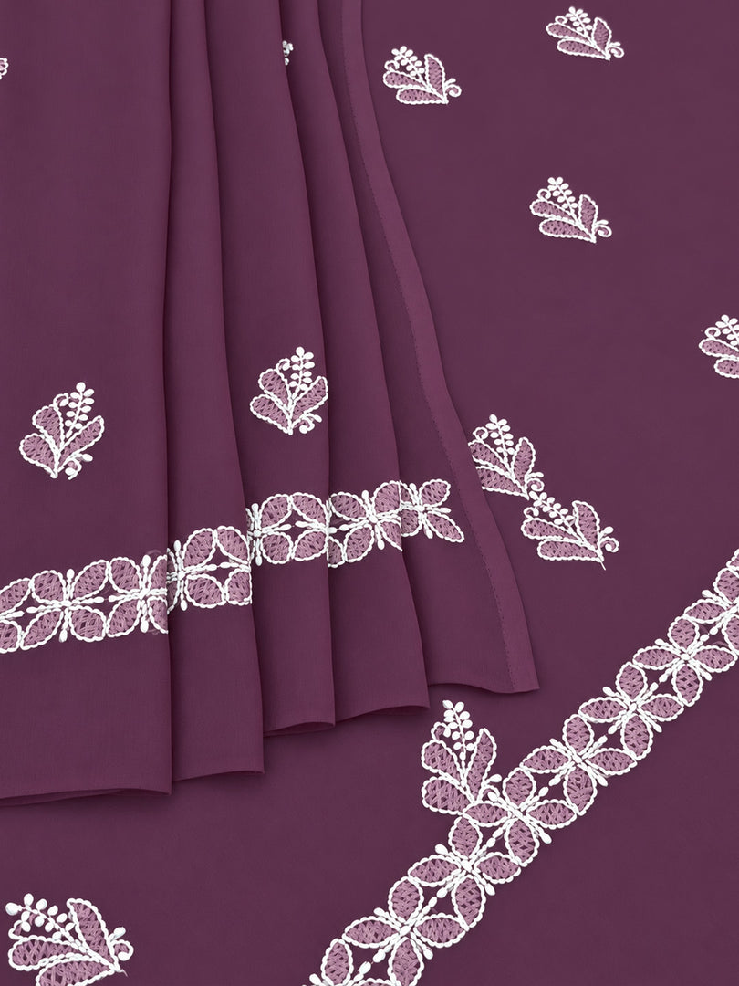 Seva Chikan Hand Embroidered Wine Georgette Lucknowi Chikankari Unstitched Suit Piece-SEV15046