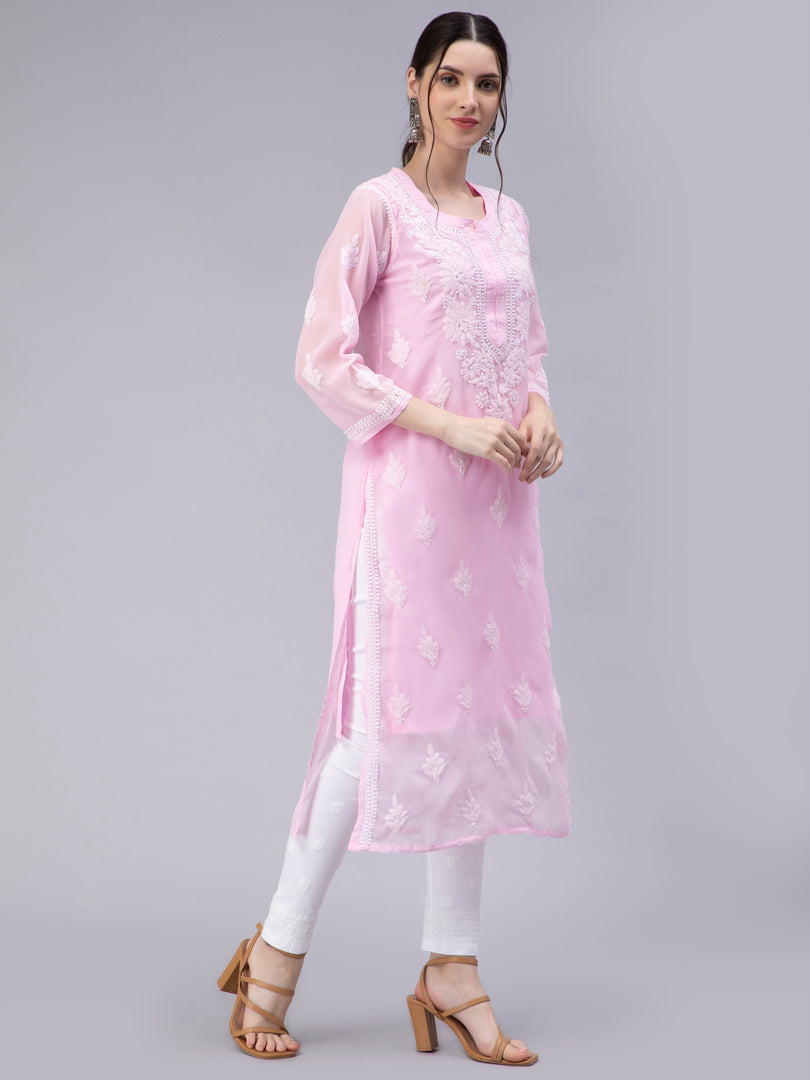 Seva Chikan Hand Embroidered Georgette Chikankari Kurta With Matching Slip