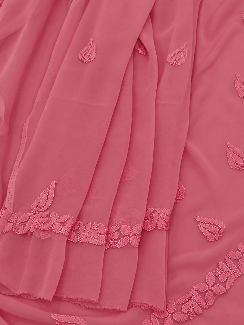 Seva Chikan Hand Embroidered Carrot Pink Georgette Lucknowi Chikankari Unstitched Suit Piece-SEV15033