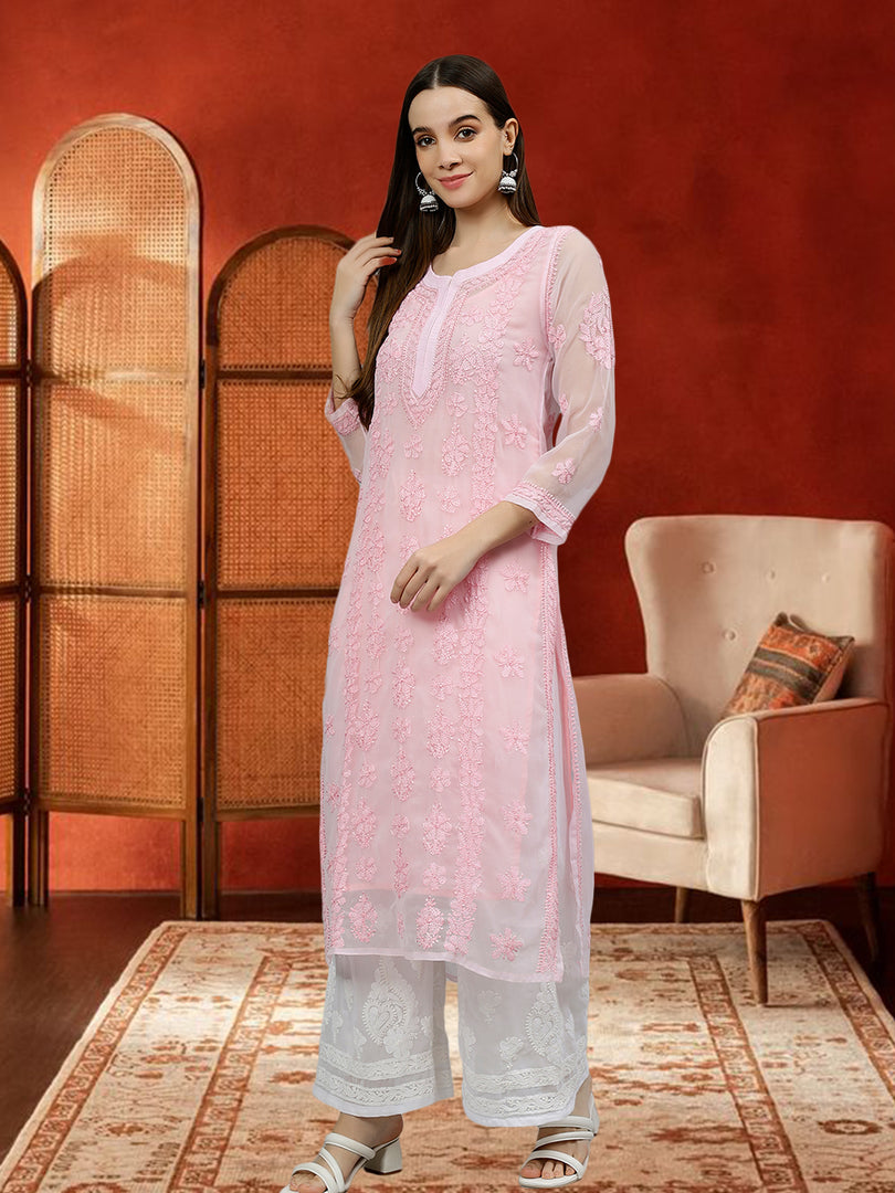 Seva Chikan Hand Embroidered Georgette Chikankari Kurta With Matching Slip
