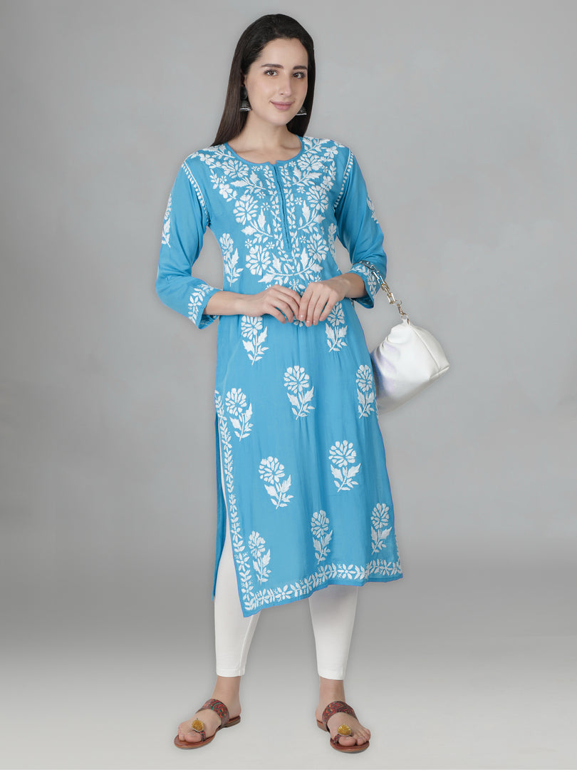 Seva Chikan Hand Embroidered Firozi Blue Modal Cotton Lucknowi Chikankari Kurta-SCL4345