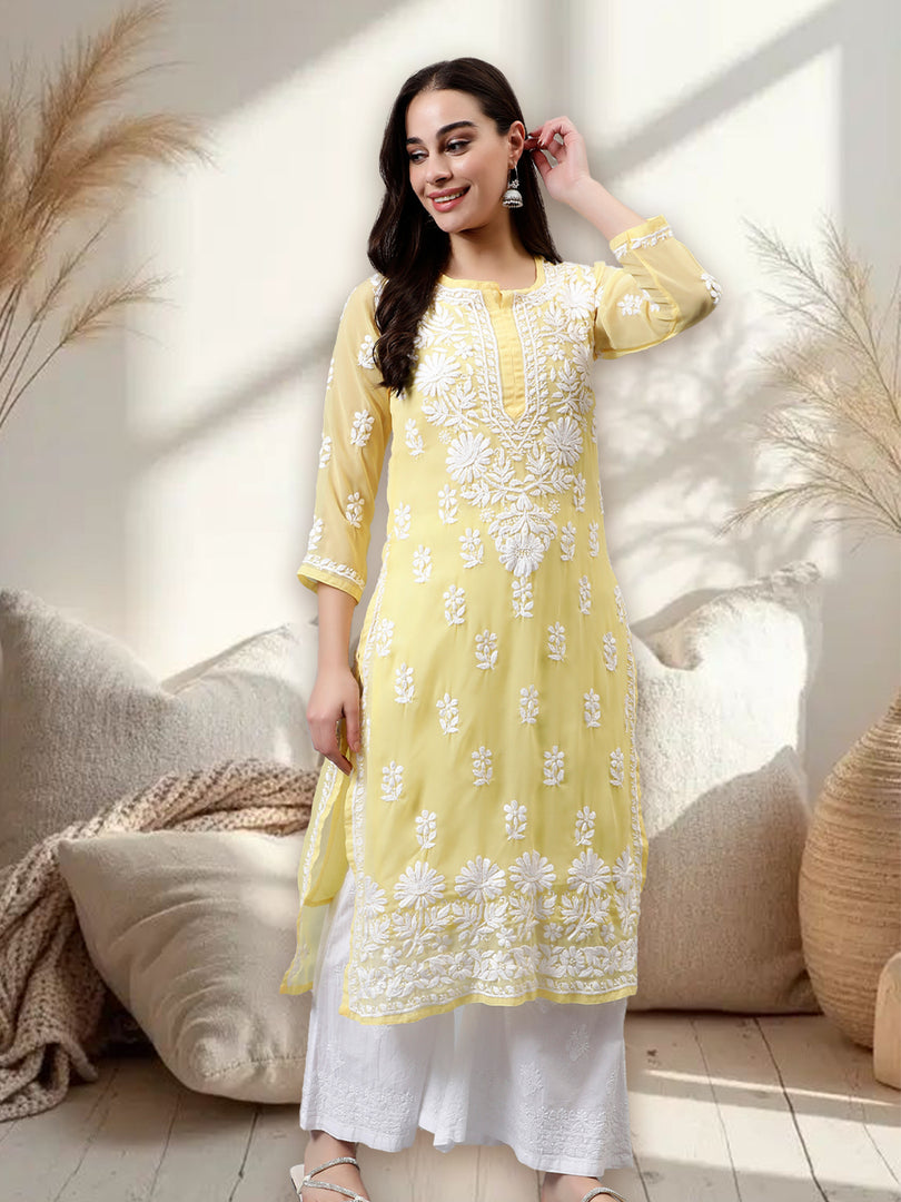 Seva Chikan Hand Embroidered Georgette Chikankari Kurta With Matching Slip