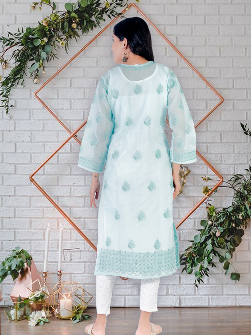 Seva Chikan Hand Embroidered Turquoise Cotton Luckowi Chikan Kurti SCL1213