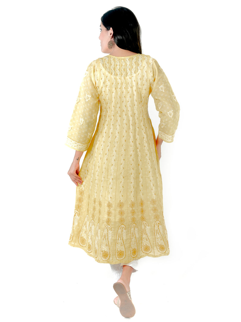 Seva Chikan Hand Embroidered Yellow Cotton Lucknowi Chikankari Anarkali-SCL1238