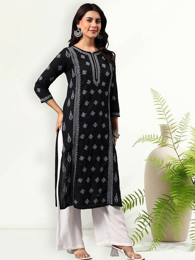 Seva Chikan Hand Embroidered Lucknowi Chikankari Black & Grey Cotton Kurta SCL4769