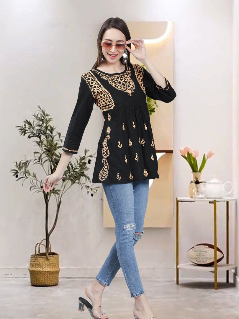 Seva Chikan Hand Embroidered  Black Cotton Lucknowi Chikankari Top