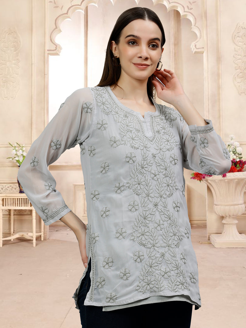 Seva Chikan Hand Embroidered  Georgette Lucknowi Chikan Top With Slip