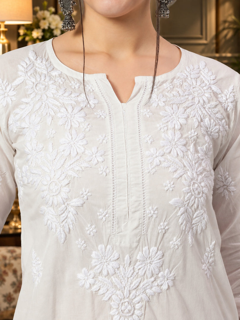 Seva Chikan Hand Embroidered Lucknowi Chikankari White Cotton Kurta-SEV1000