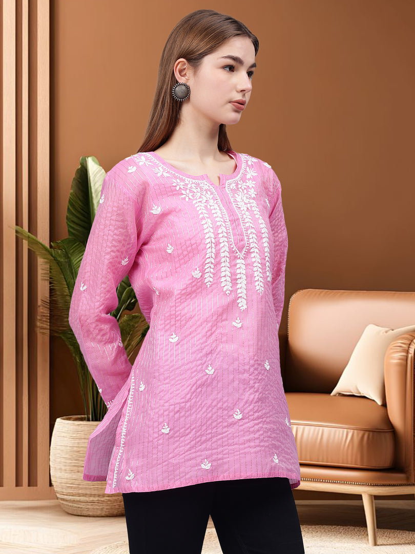 Seva Chikan Hand Embroidered Chanderi Lucknowi Chikan Top With Slip