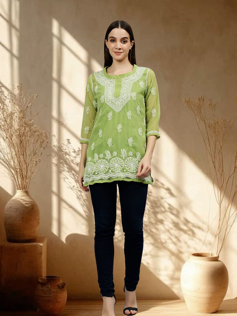 Seva Chikan Hand Embroidered Georgette Lucknowi Chikankari Top With Slip