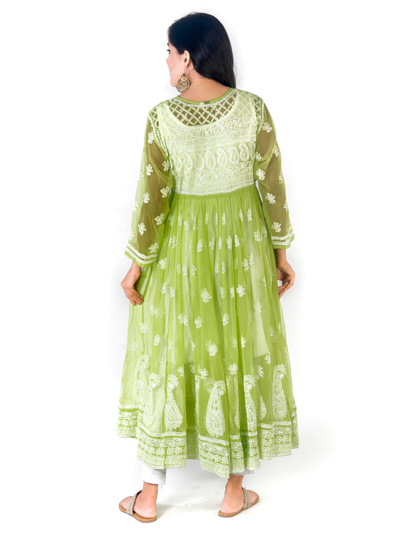 Seva Chikan Hand Embroidered Light Green Georgette Lucknowi Chikankari Anarkali-SCL1352