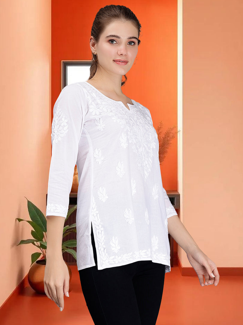 Seva Chikan Hand Embroidered White Cotton Lucknowi Chikankari Top SCL9101