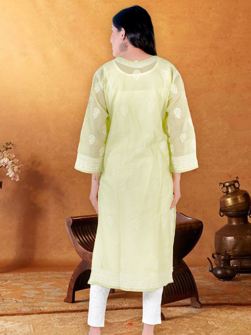 Seva Chikan Hand Embroidered Light Green Cotton Lucknowi Chikan Kurti SCL1222
