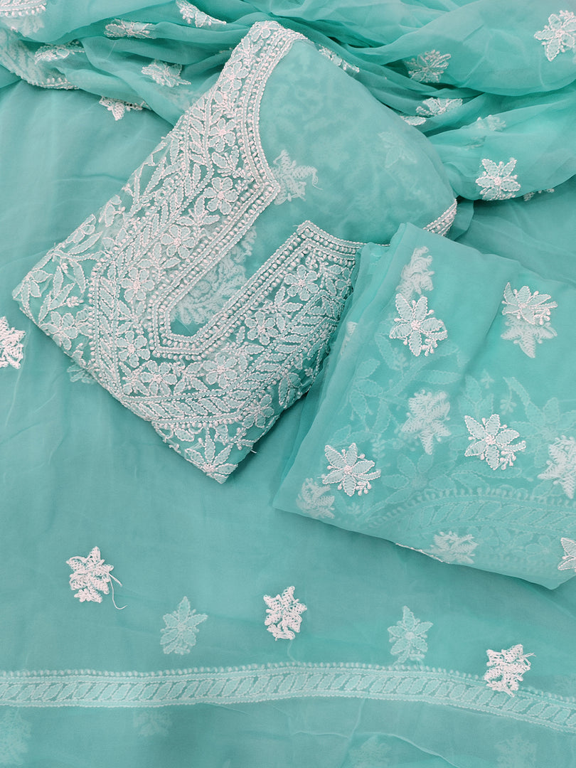 Seva Chikan Hand Embroidered Sea Green Georgette Lucknowi Chikankari Unstitched Suit Piece-SCL13134