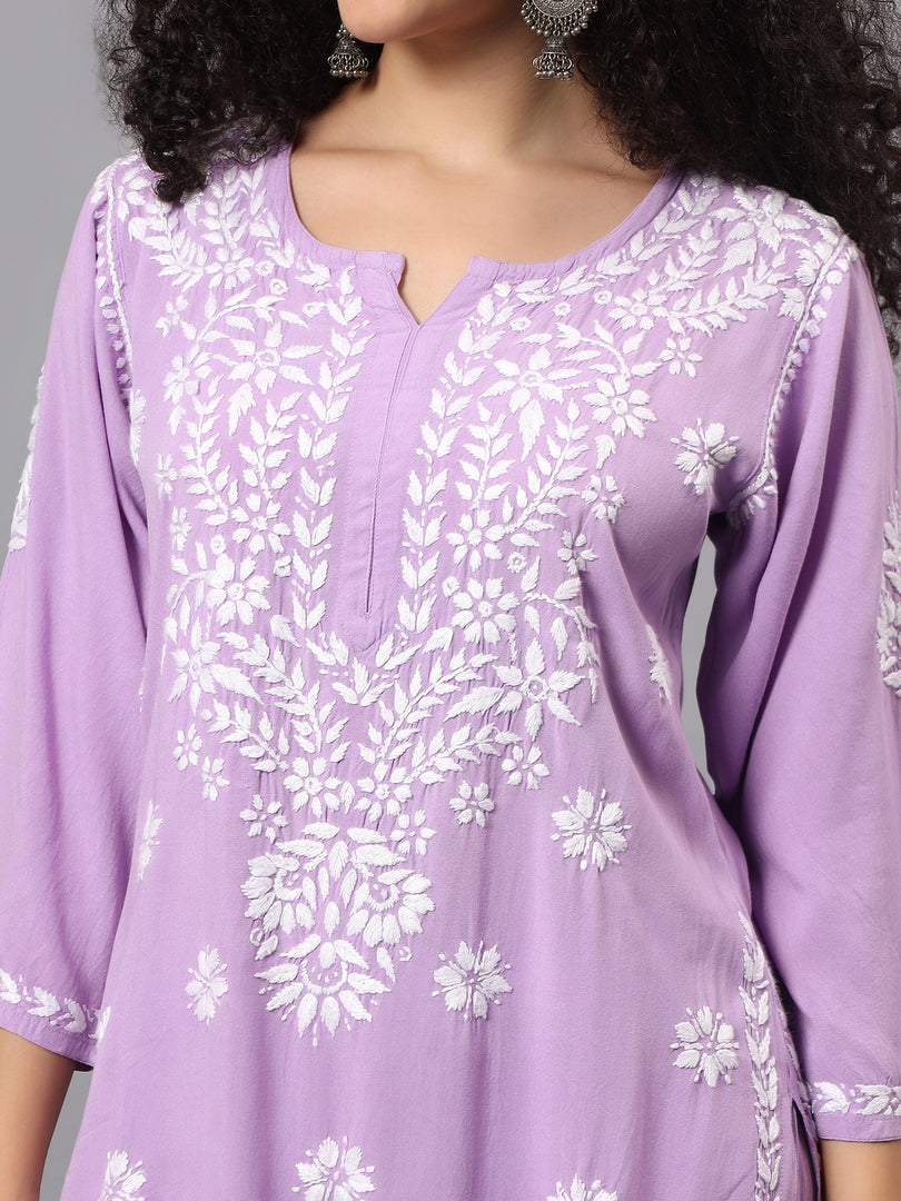 Seva Chikan Hand Embroidered Mauve Rayon Lucknowi Chikankari Kurta Set SCL8090