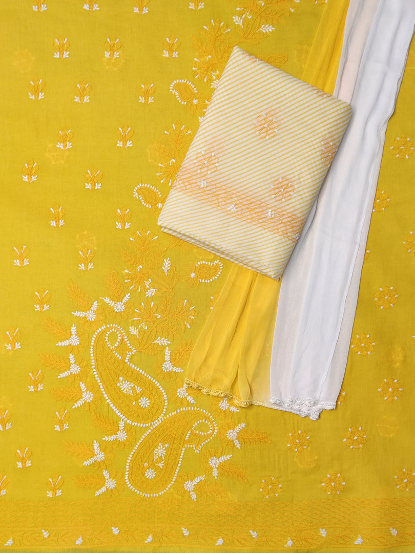 Seva Chikan Hand Embroidered Yellow Terivoil Cotton Lucknowi Chikankari Unstitched Suit Piece-SCL13000