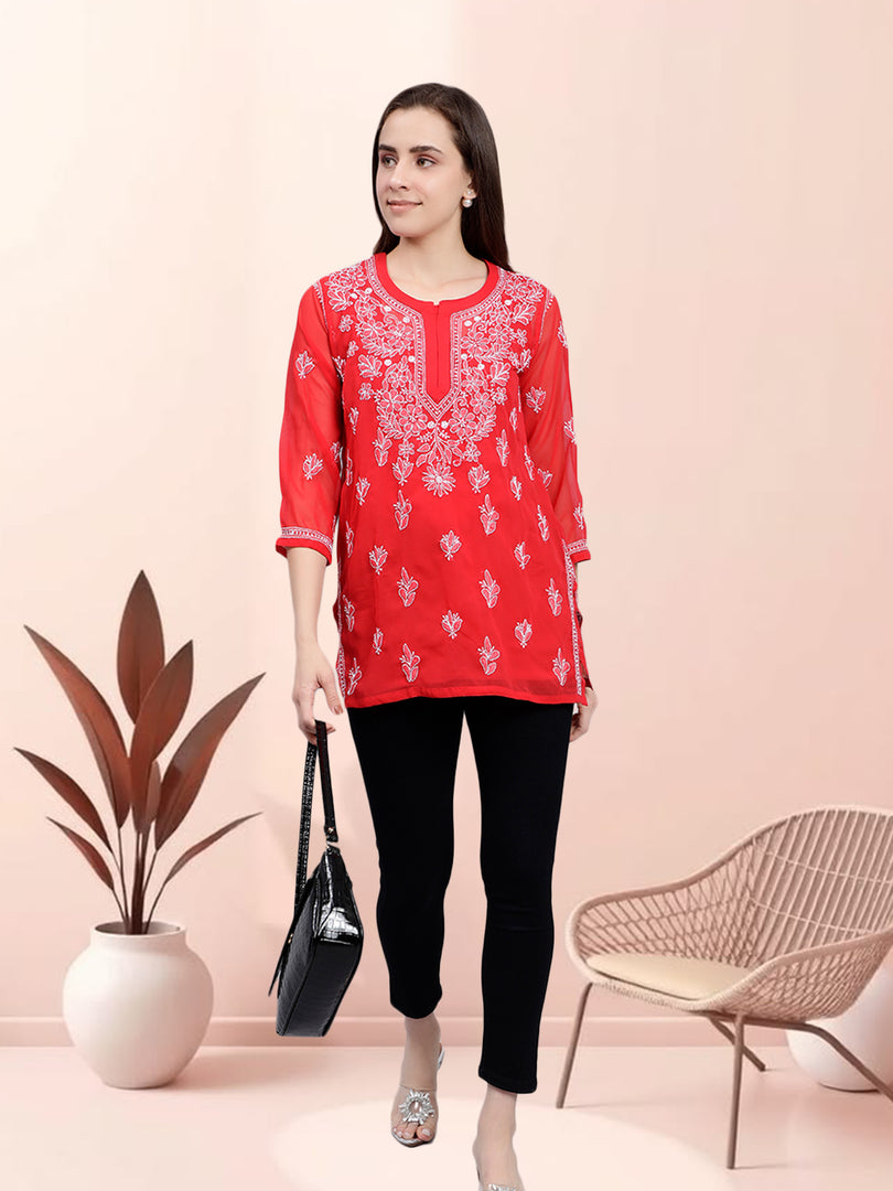Seva Chikan Hand Embroidered Georgette Lucknowi Chikankari Top With Slip