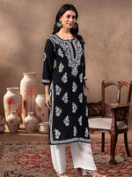 Load image into Gallery viewer, Seva Chikan Hand Embroidered Lucknowi Chikankari Black Rayon Kurta SCL4772