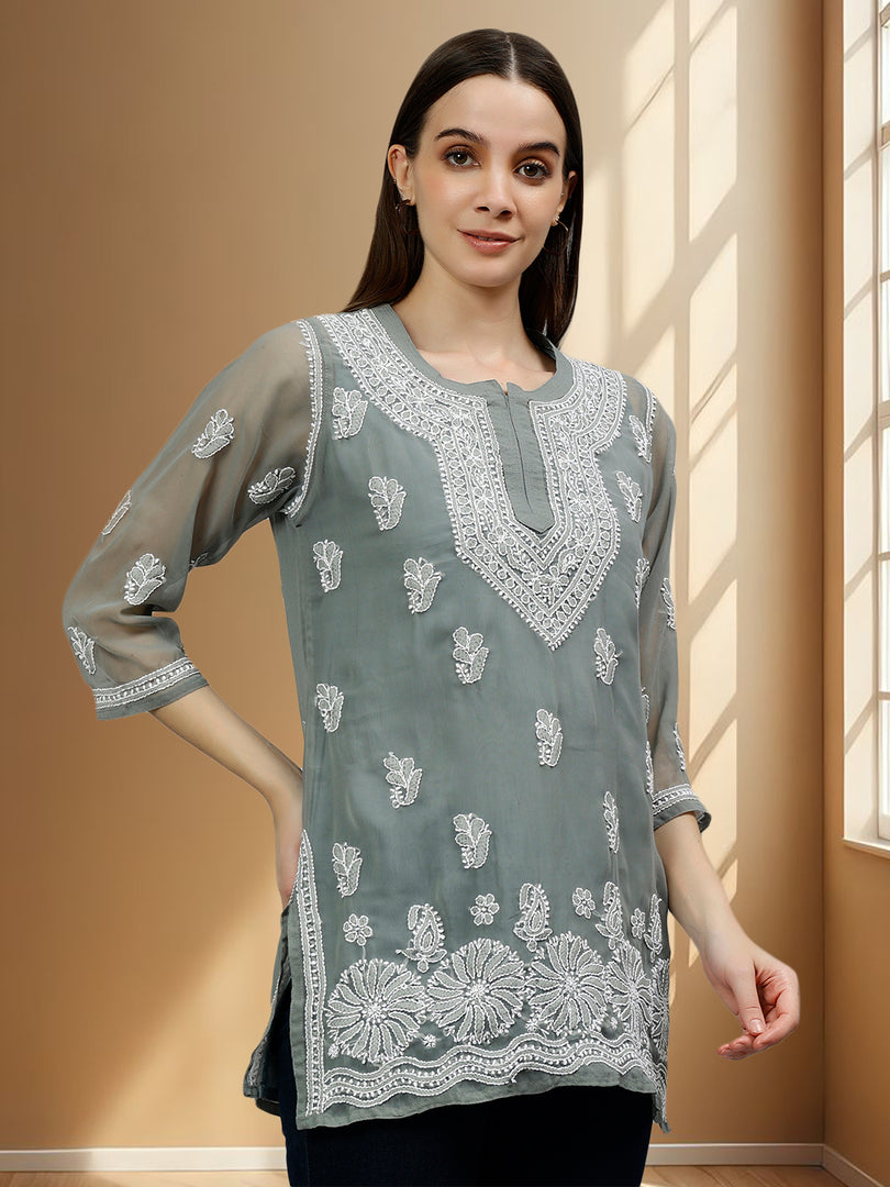 Seva Chikan Hand Embroidered Georgette Lucknowi Chikankari Top With Slip