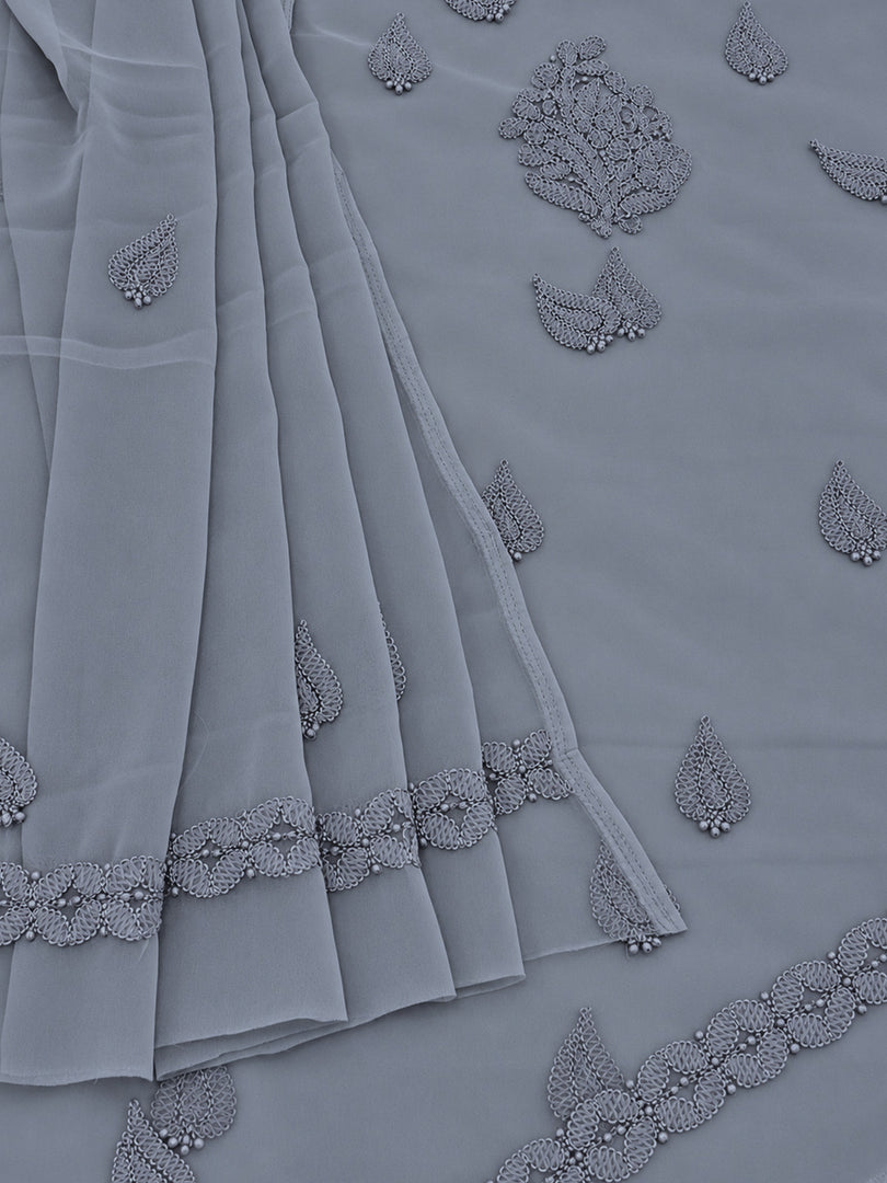 Seva Chikan Hand Embroidered Grey Georgette Lucknowi Chikankari Unstitched Suit Piece-SEV15035