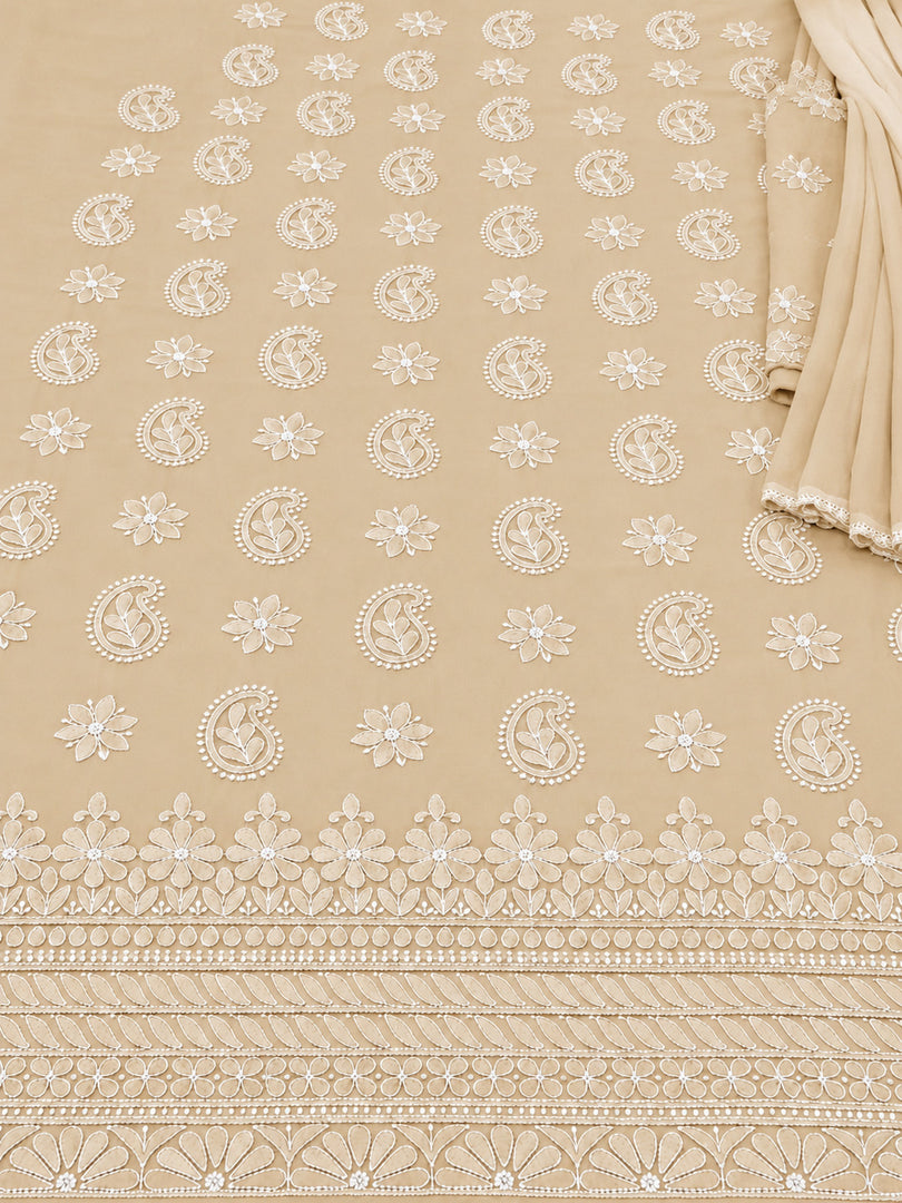 Seva Chikan Hand Embroidered Beige Cotton Lucknowi Chikankari Unstitched Suit Piece-SEV15055