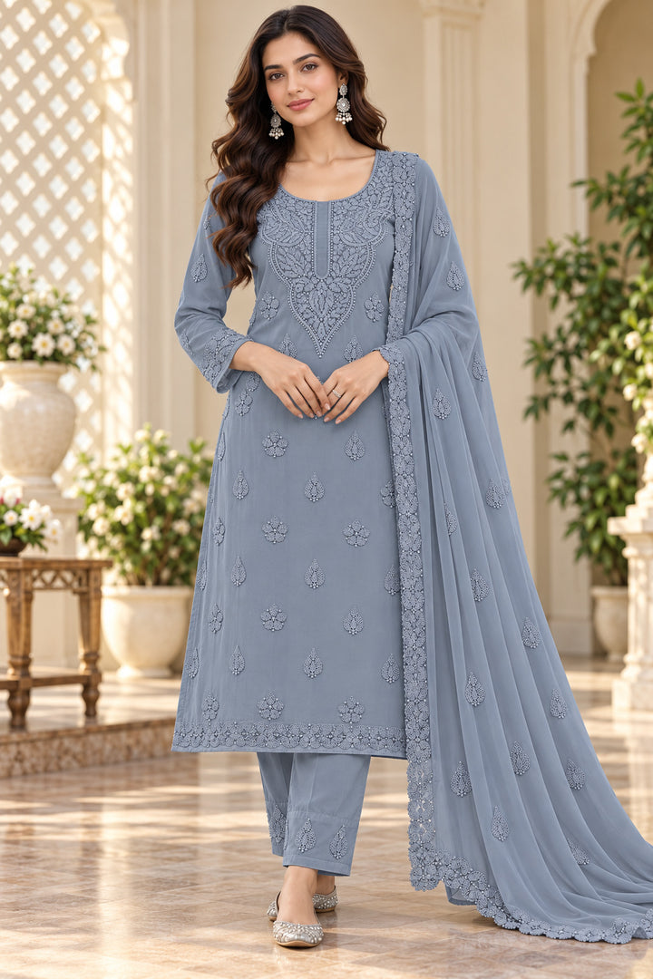 Seva Chikan Hand Embroidered Grey Georgette Lucknowi Chikankari Unstitched Suit Piece-SEV15035