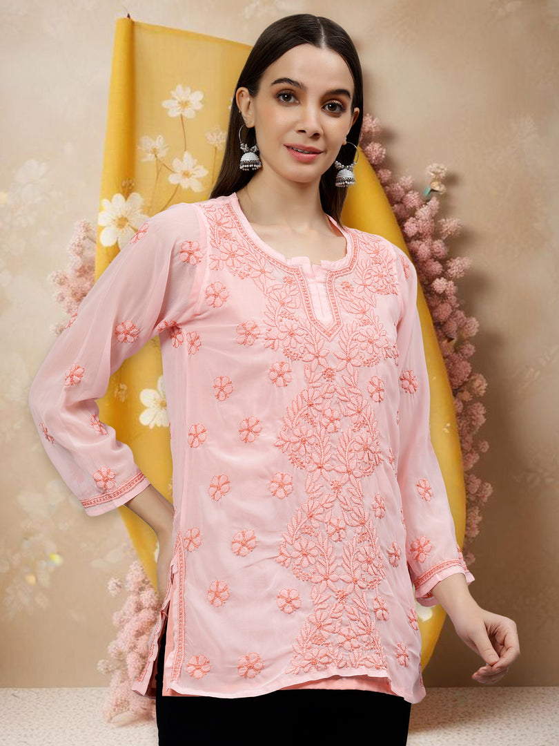 Seva Chikan Hand Embroidered  Georgette Lucknowi Chikan Top With Slip