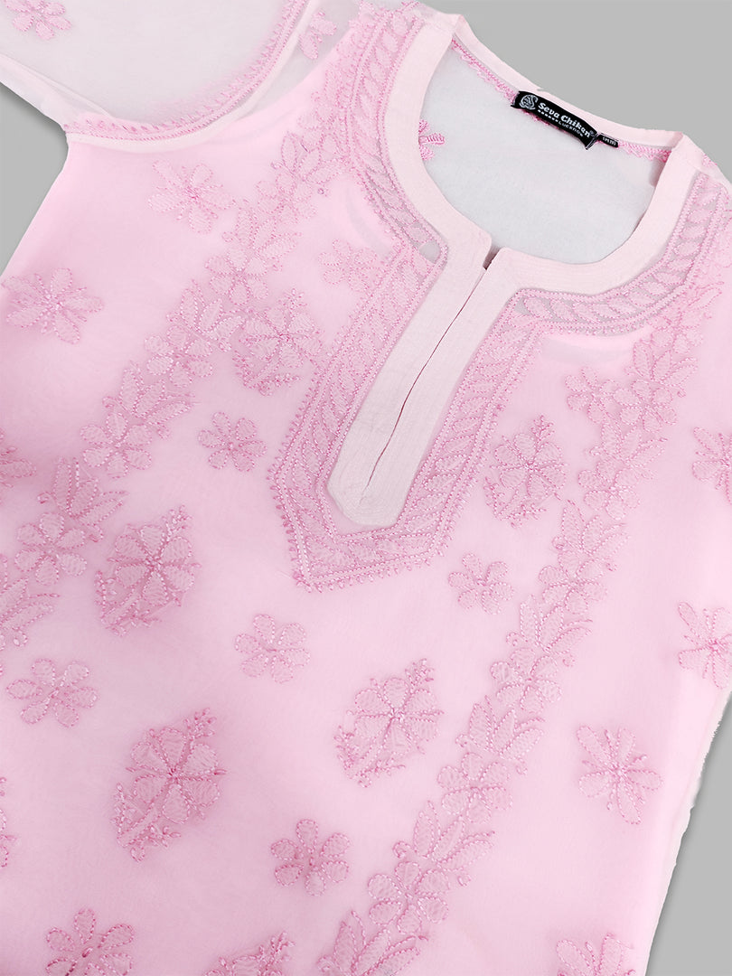 Seva Chikan Hand Embroidered Georgette Chikankari Kurta With Matching Slip