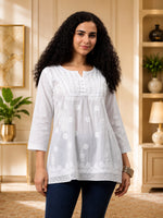 Load image into Gallery viewer, Seva Chikan Hand Embroidered White Cotton Lucknowi Chikankari Top SEV2000