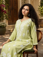 Load image into Gallery viewer, Seva Chikan Hand Embroidered Sage Green Rayon Lucknowi Chikankari Kurta Set SCL8062