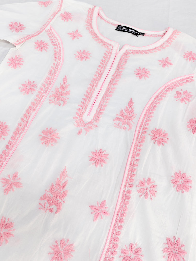 Seva Chikan Embroidered White p Pink Cotton Lucknowi Chikankari Kurta SCL4727