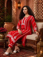 Load image into Gallery viewer, Seva Chikan Hand Embroidered Red Rayon Lucknowi Chikankari Kurta Set SCL8104