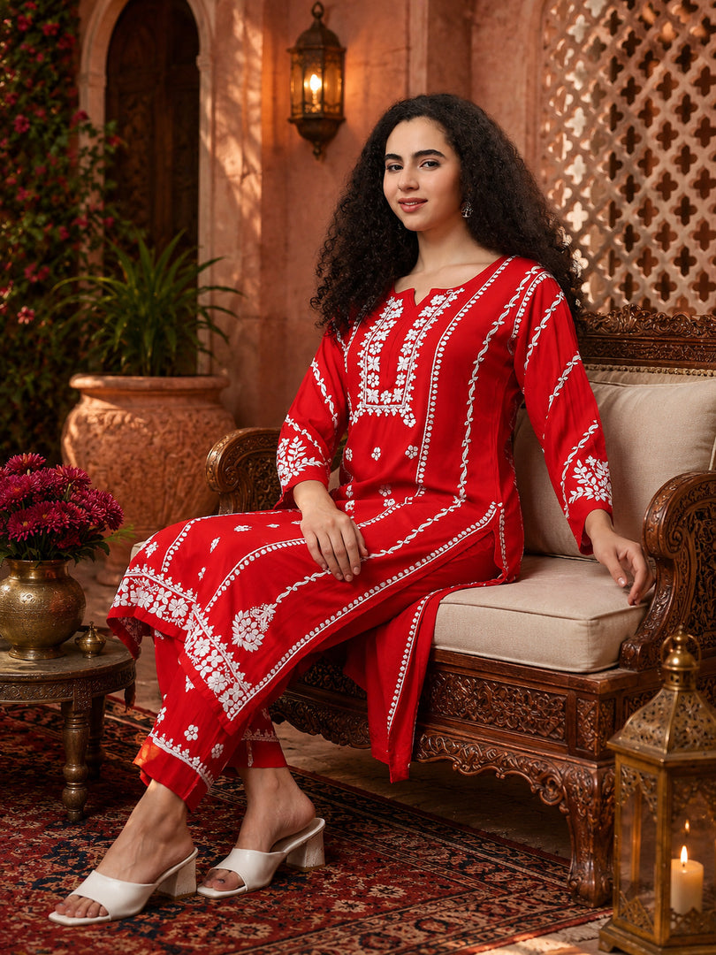 Seva Chikan Hand Embroidered Red Rayon Lucknowi Chikankari Kurta Set SCL8104