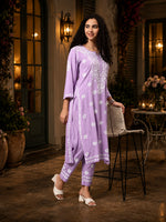 Load image into Gallery viewer, Seva Chikan Hand Embroidered Mauve Rayon Lucknowi Chikankari Kurta Set SCL8090