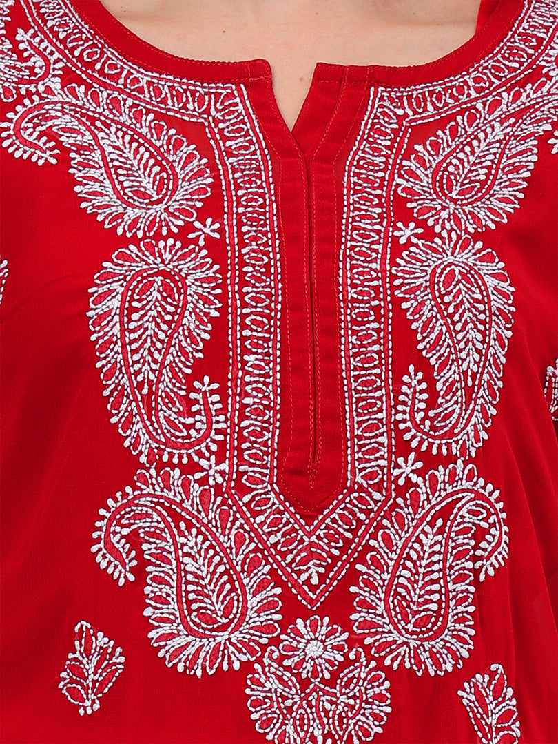 Seva Chikan Hand Embroidered Maroon Georgette Lucknowi Chikankari Kurta With Inner