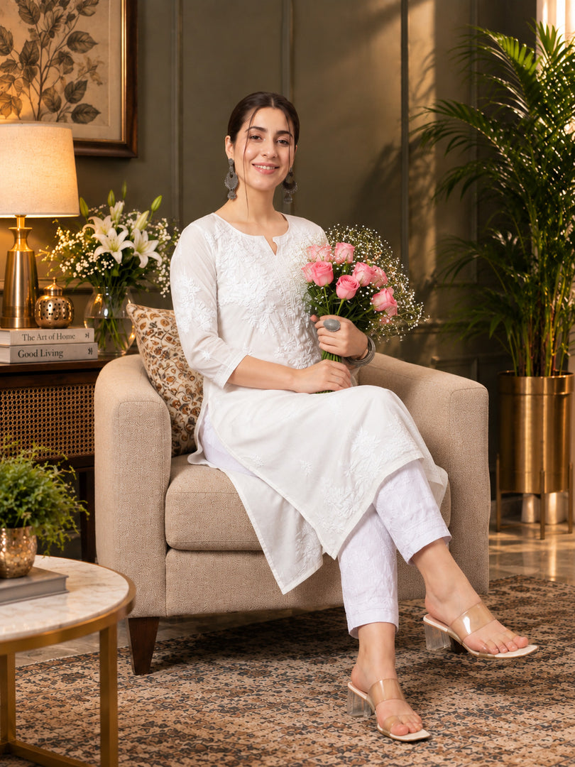 Seva Chikan Hand Embroidered Lucknowi Chikankari White Cotton Kurta-SEV1000