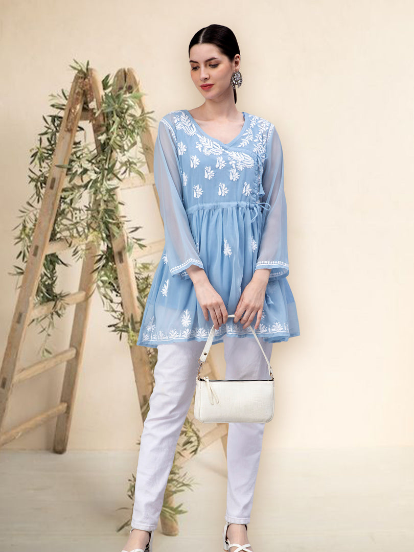 Seva Chikan Hand Embroidered Georgette Lucknowi Chikankari Top With Slip