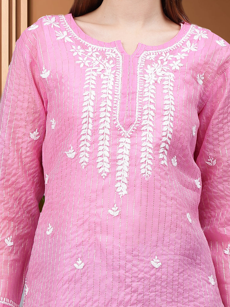 Seva Chikan Hand Embroidered Chanderi Lucknowi Chikan Top With Slip