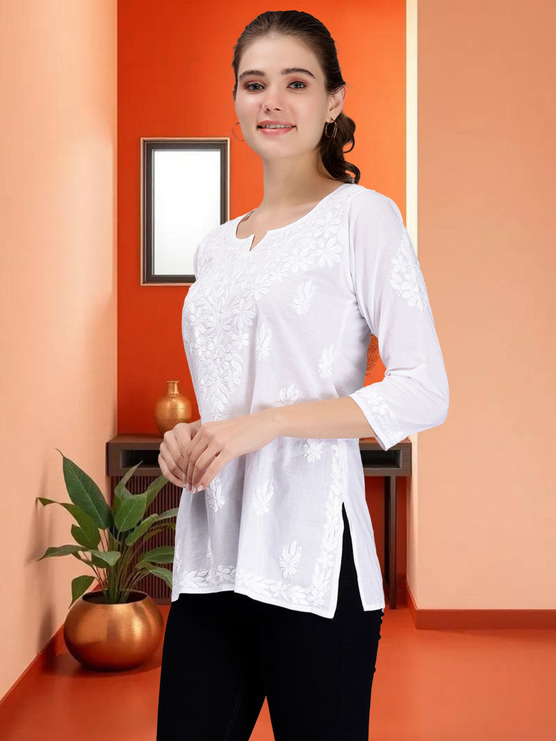 Seva Chikan Hand Embroidered White Cotton Lucknowi Chikankari Top SCL9101